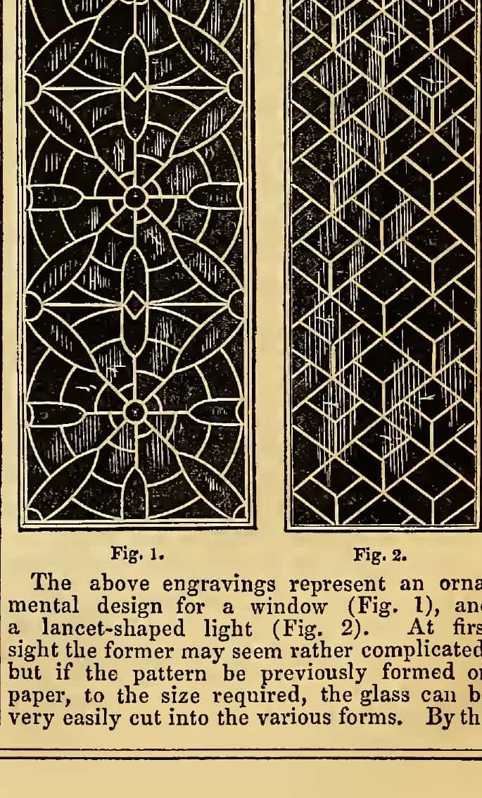 Two 1847 designs for leaded window glazing, a square panel and a lancet light