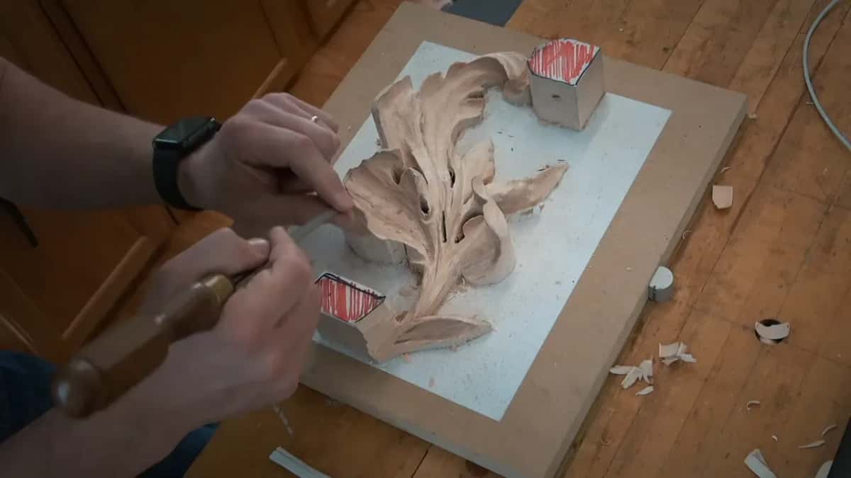 Somewhere to put the movement Half carved acanthus leaf worked with a small gouge and mallet