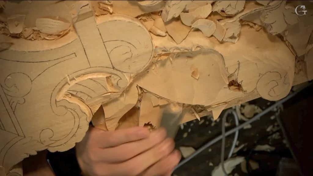 Pencil layout for the next stage, drawn straight onto the half finished carving