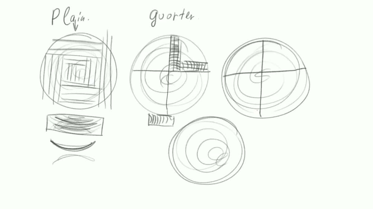 His pencil sketch of log ends and growth rings, labelled plain and quarter sawn.