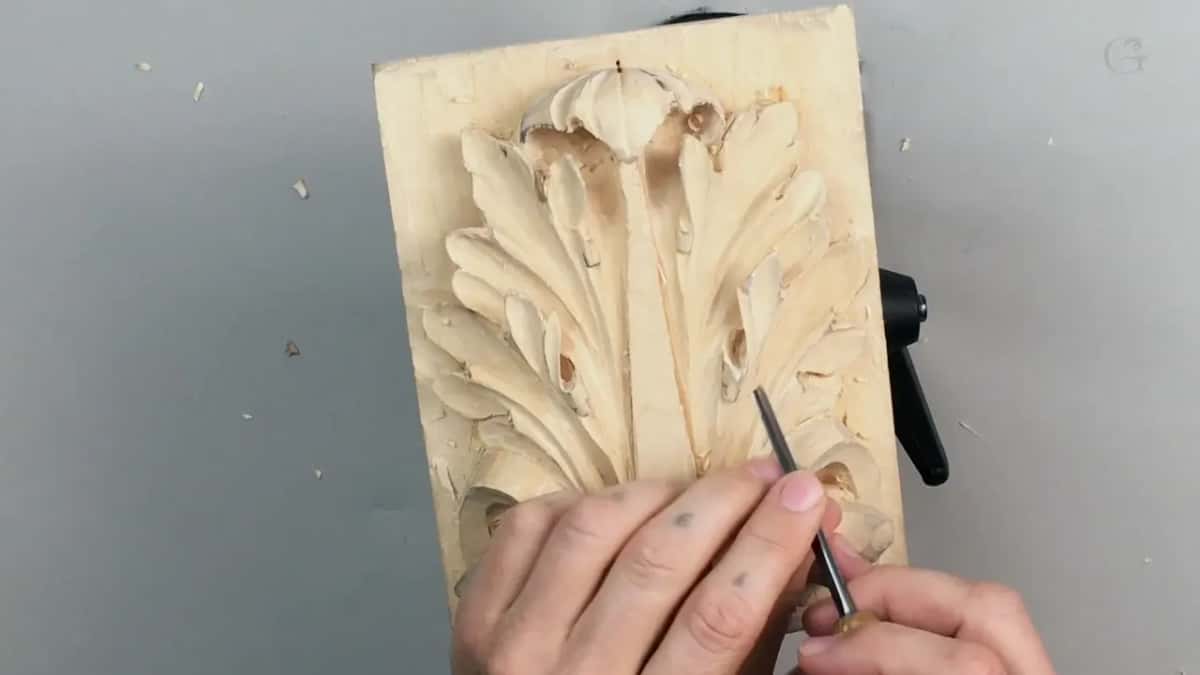 Overhead of a pale acanthus leaf carved deep, a gouge held below.