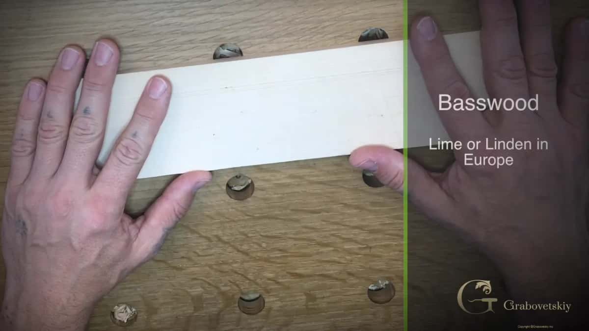 Pale basswood blank under both hands, captioned on screen with its European names