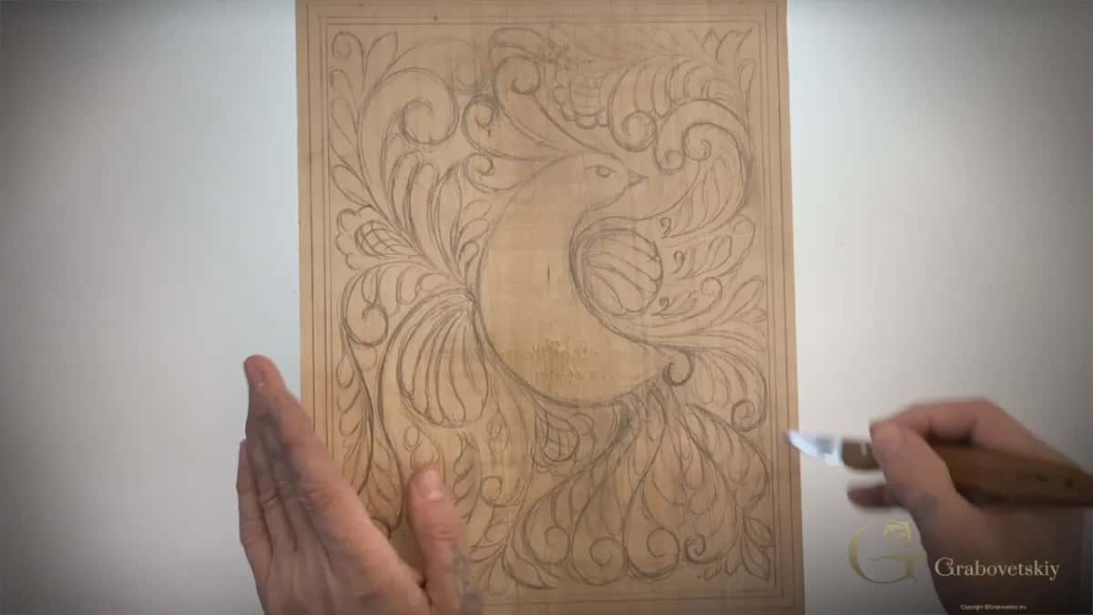 The whole design stood up on the bench, knife about to start on the bird.