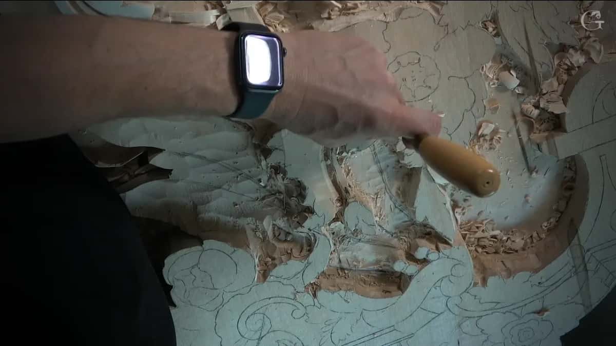Shavings lie around a gouge