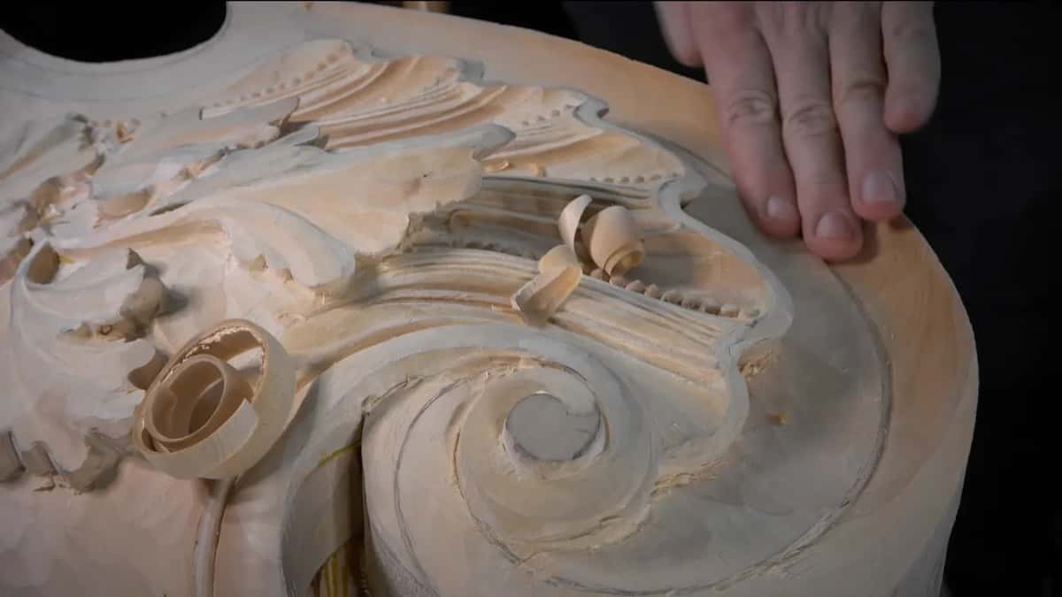 From the side, loose curls rest on the shell while the cove runs dark along the scroll.