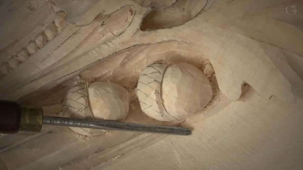 Detailing tool laid across two acorns whose caps carry a drawn grid