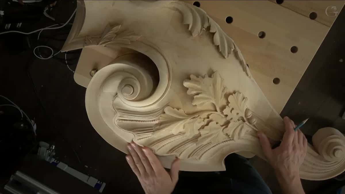 Overhead view of the finished Venetian corbel, volute at left, oak leaves and bead molding running to the right