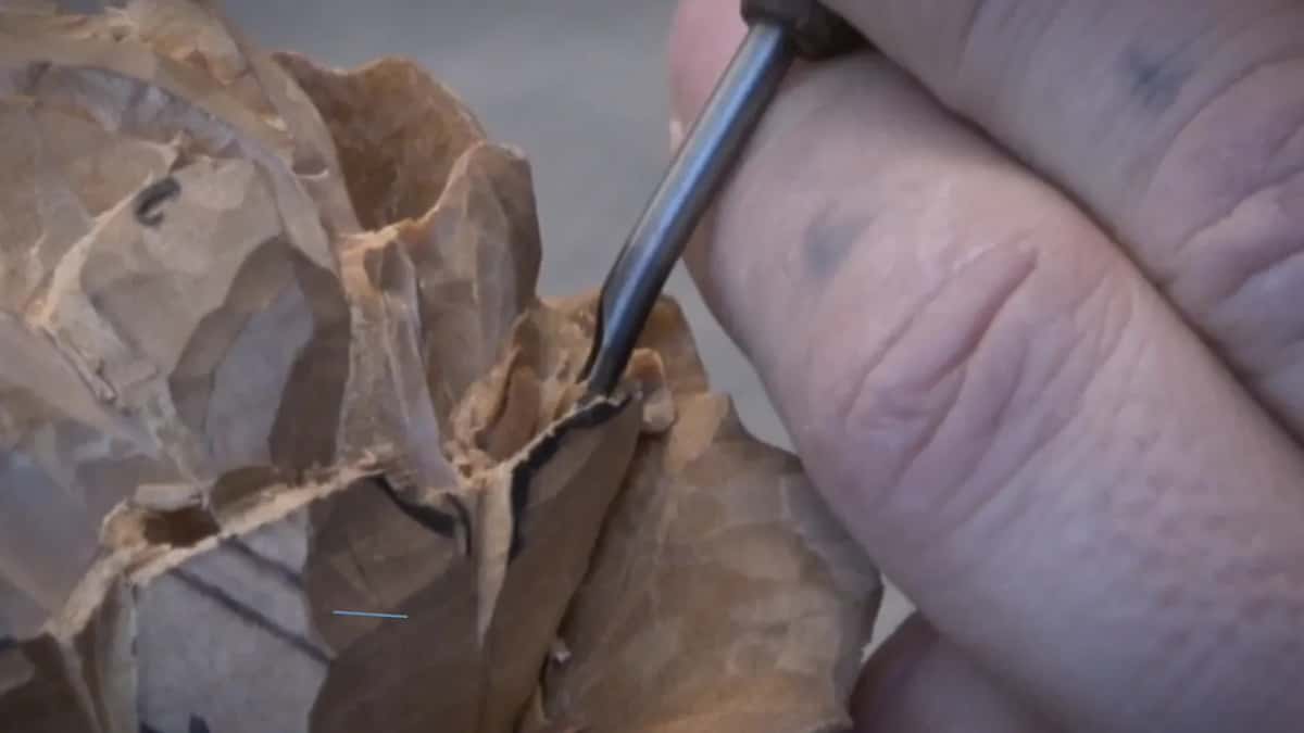 Small gouge clearing waste between two carved petals