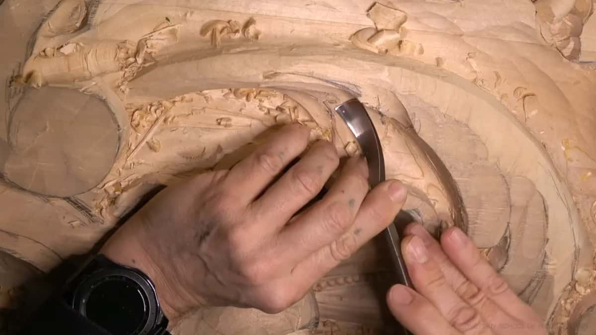 A curved blade rests in the hollow of the leaf roll, one thumb behind it.