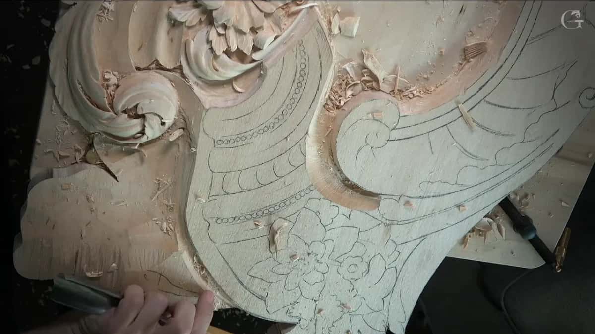 Panel half drawn in pencil and half carved