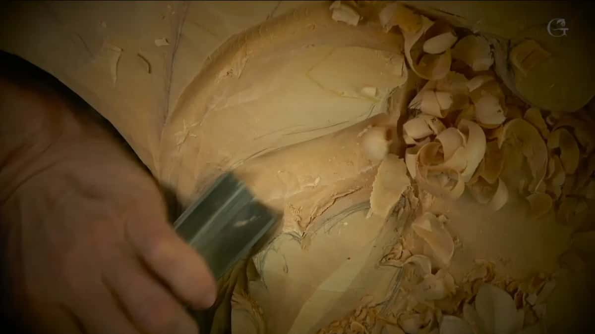 A wide steel gouge sunk in the hollow among piles of curled shavings.