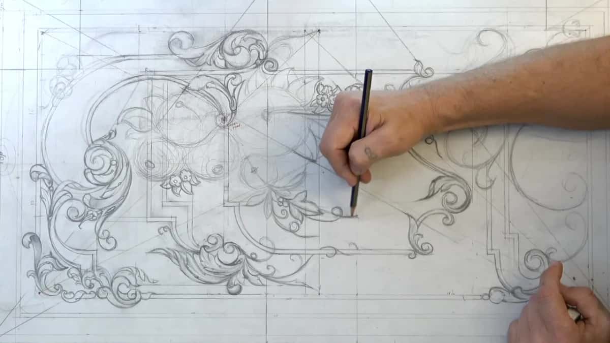 Whole sheet seen square from above, the pencil working just right of the middle
