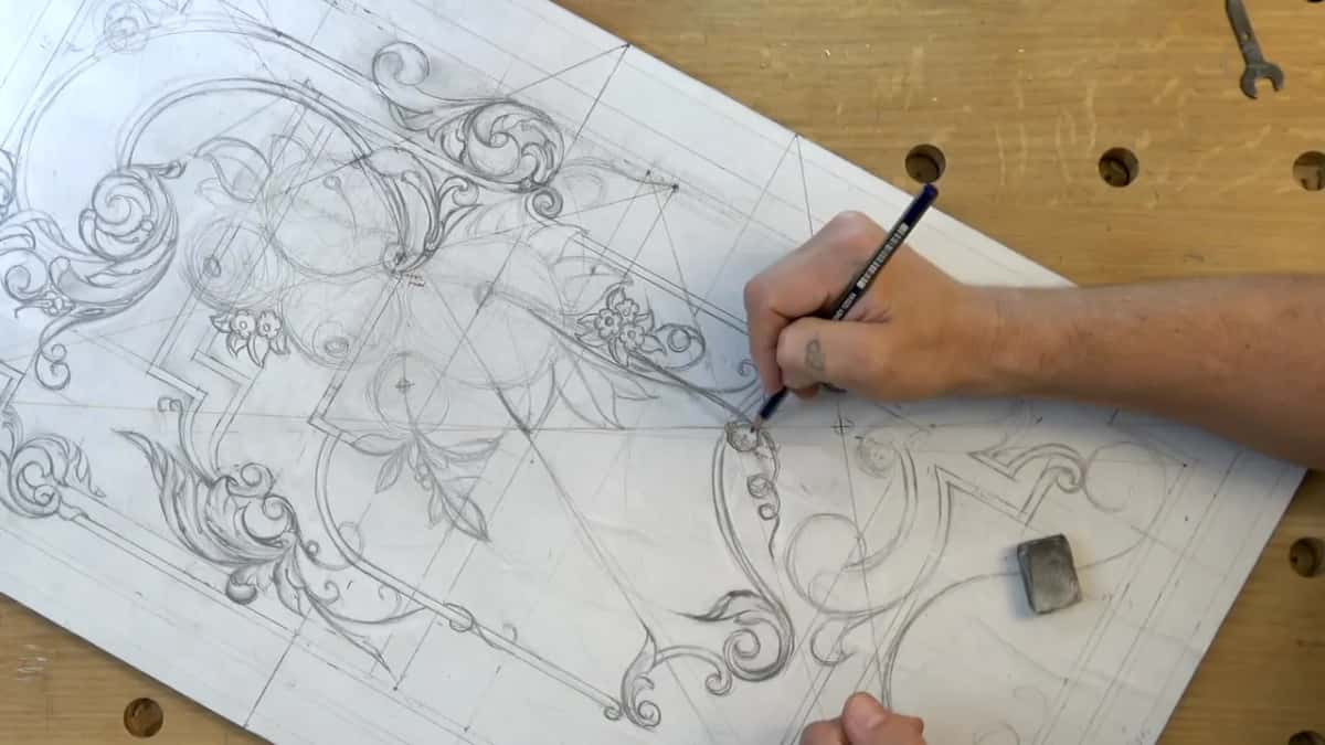 Tiny circles in a row on the right, with an eraser and a wrench on the bench
