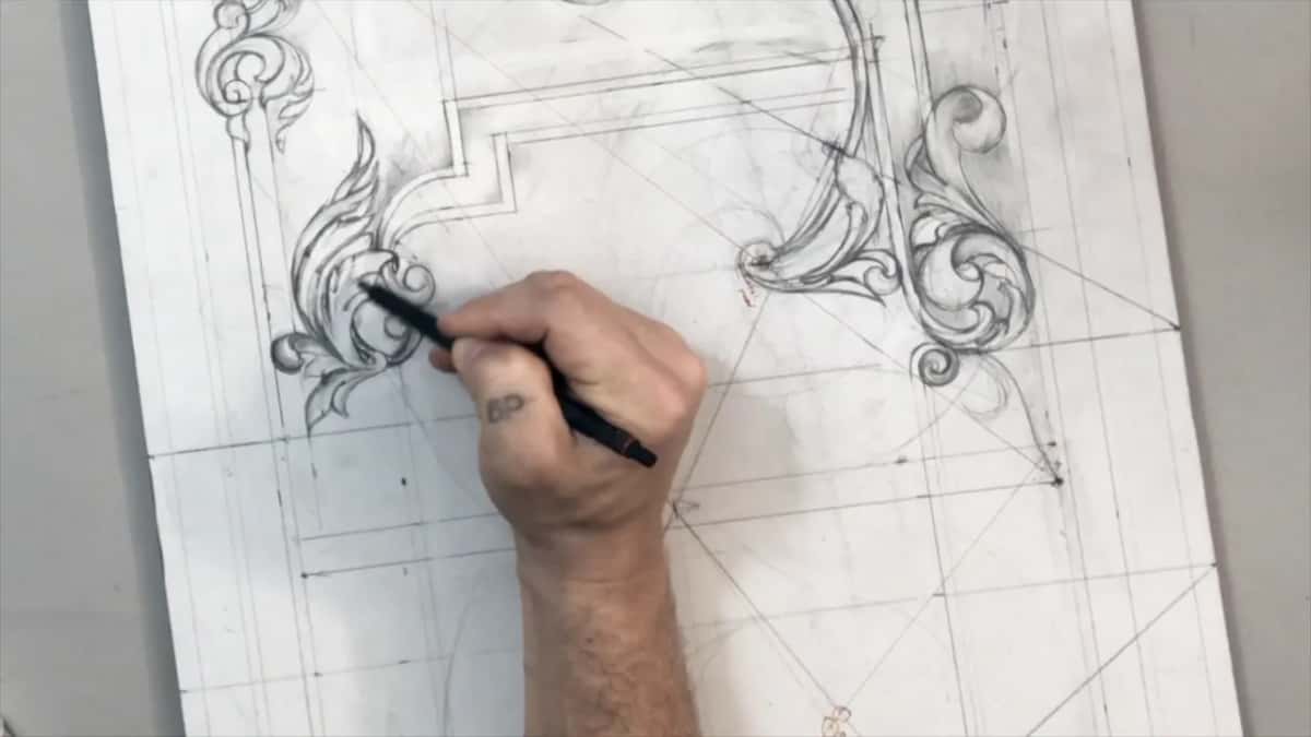 Leaf beside the stepped corner taking more pencil lines