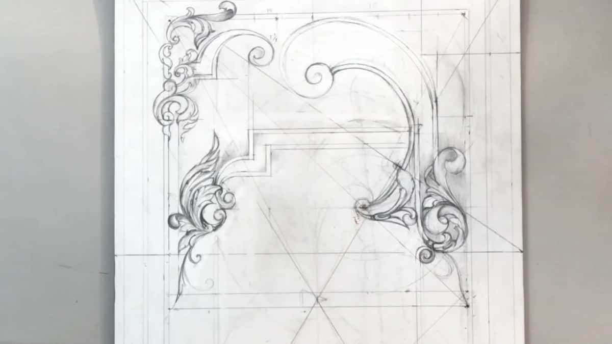 Upright drawing alone, its scrolls and side leaves shaded in pencil