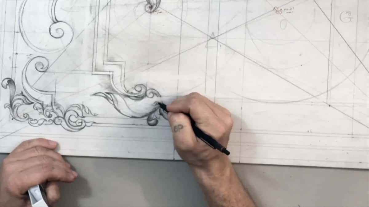 Pencil drawing a long leaf near the bottom border, a white eraser in the other hand