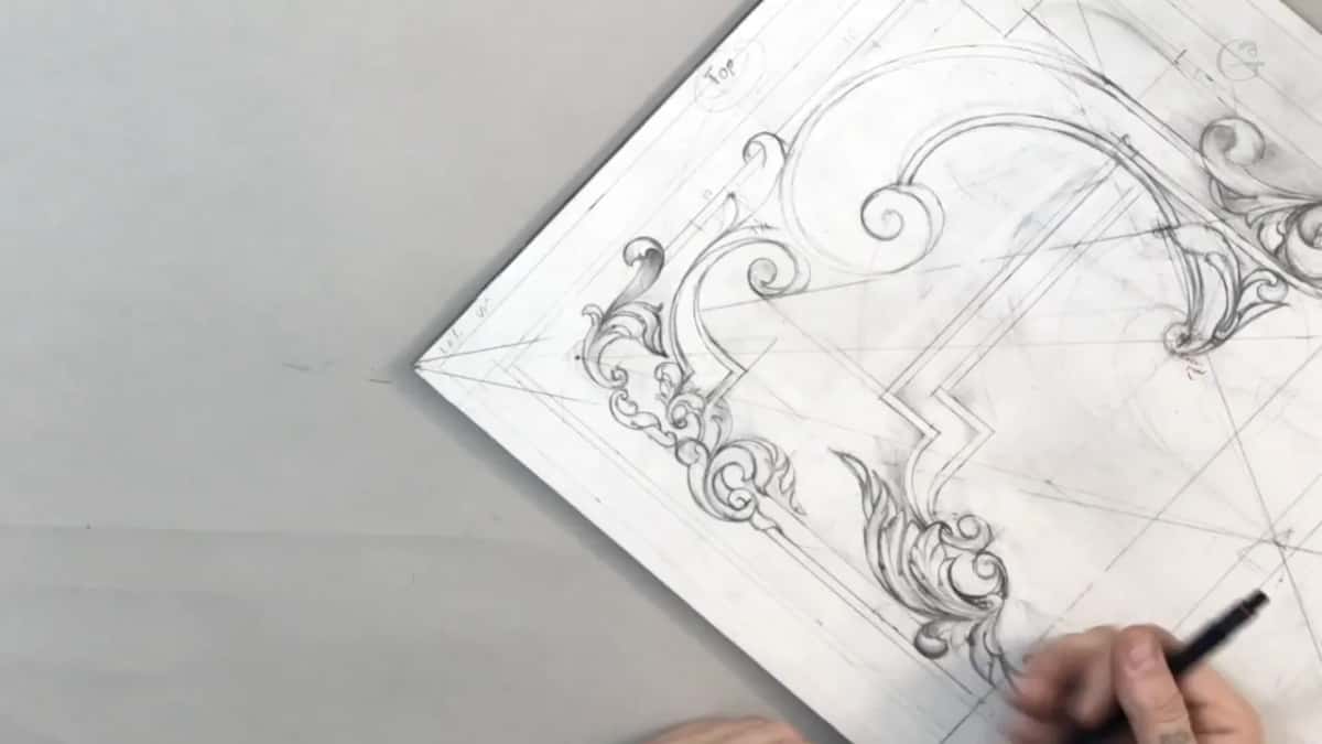 Pencil coming in from the lower right toward a leaf on the tilted panel