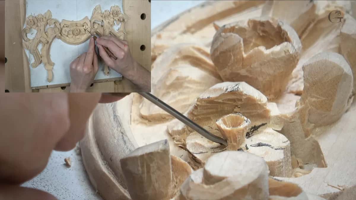 Rotated tool cutting inward on an angle, the move that cuts the eyes of an acanthus leaf