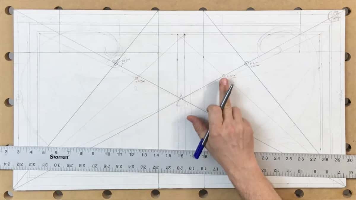 Panel dense with pencil work, a rule along the bottom and a hand marking above it