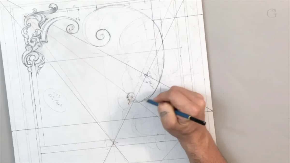 Blue pencil finishing a wide arc