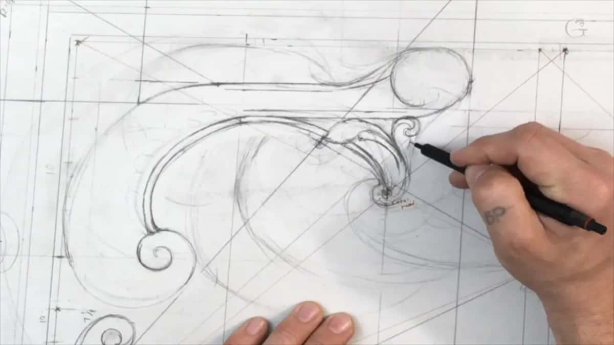 Close view of the long scroll, the black pen touching the small leaf where it turns
