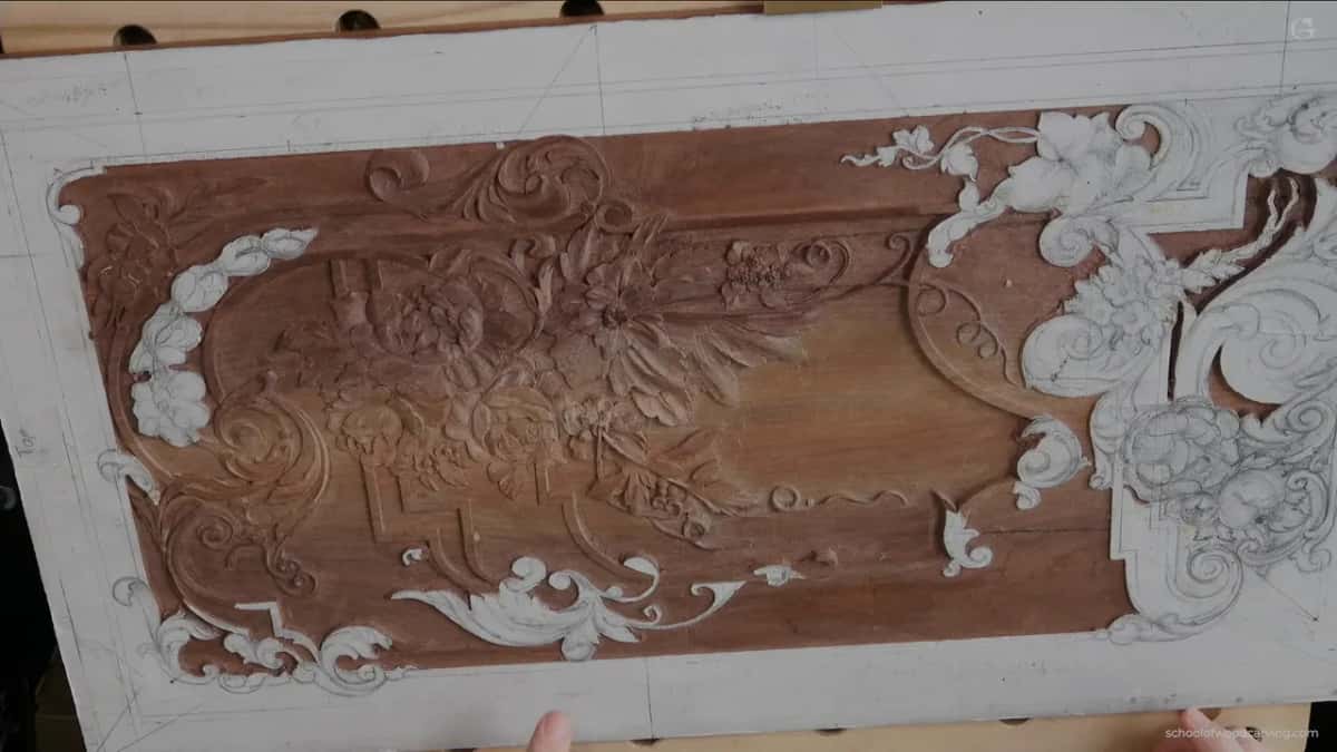 The whole panel from above, where a drawing made years ago has to be read again before anything is cut.