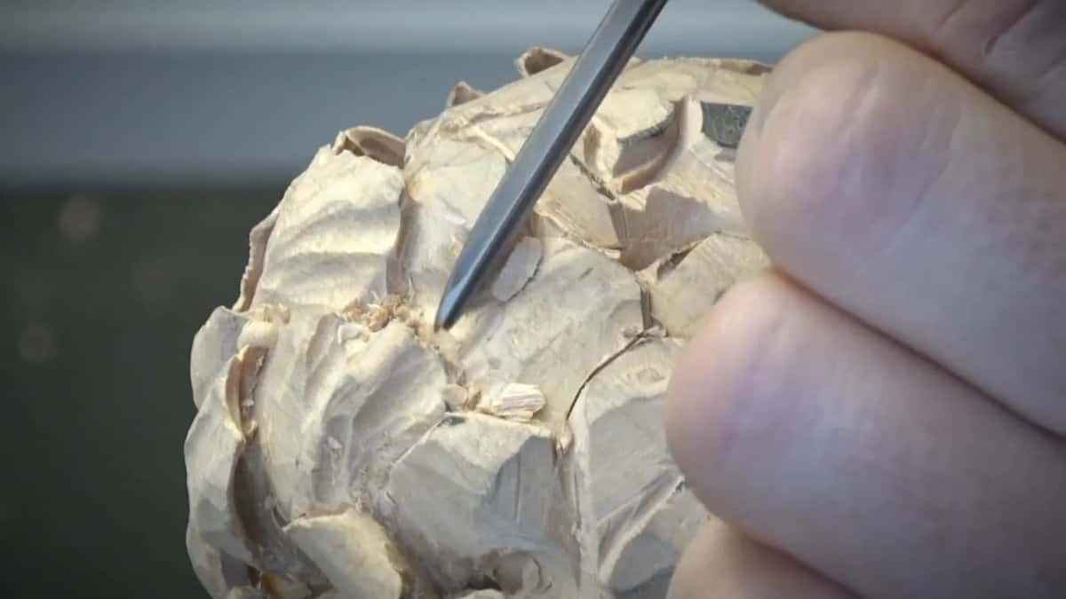 A needle-fine tool enters the carved petals, held between finger and thumb with nothing braced against it.