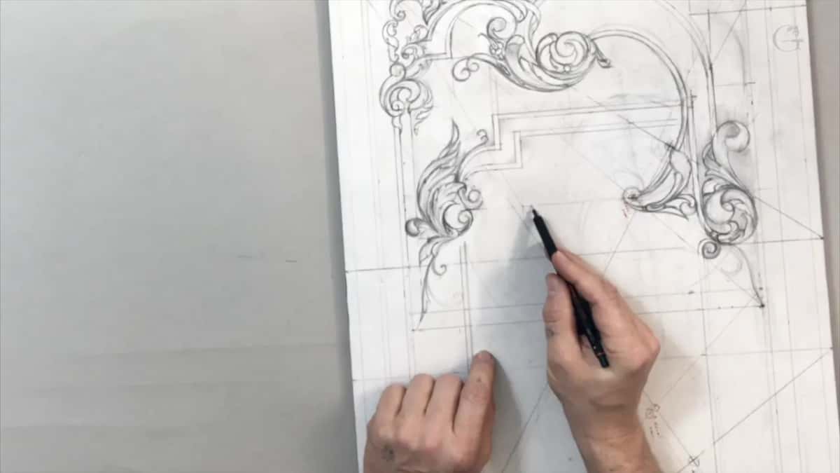 Two hands at the lower edge, the right drawing a long line down the middle