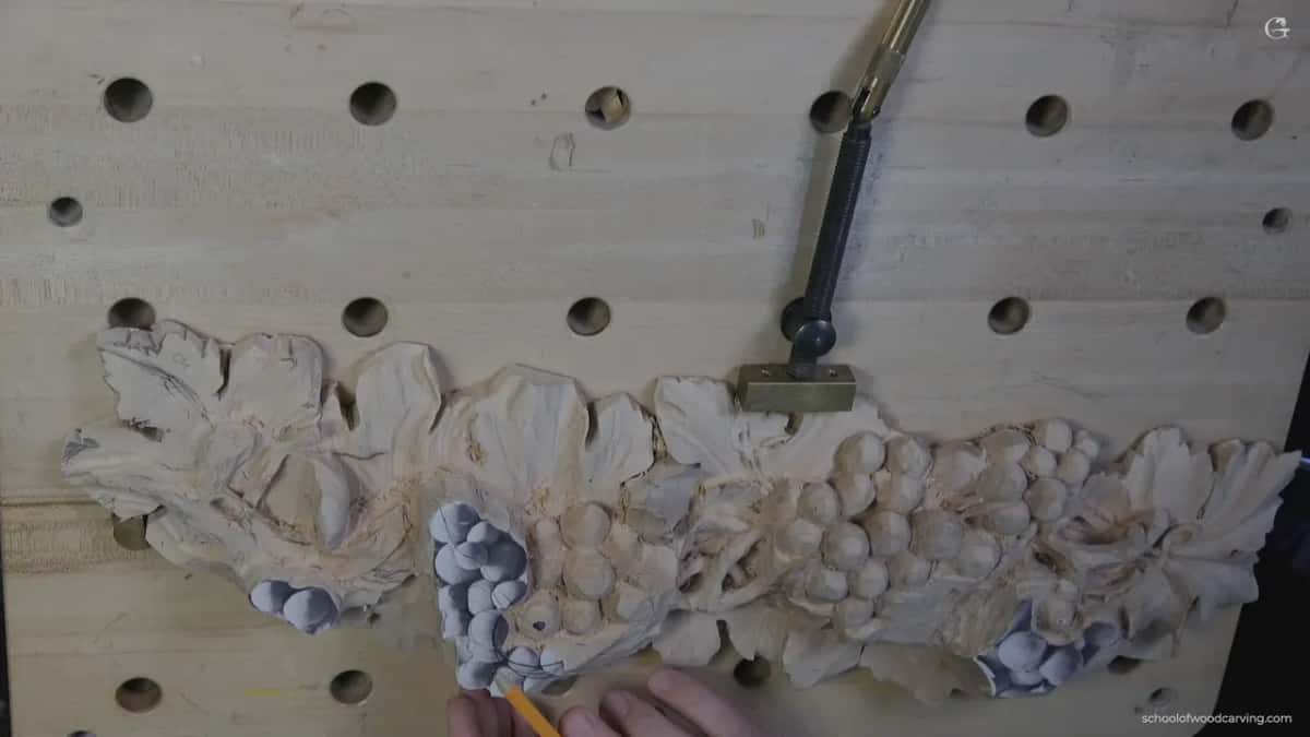 Overhead view of the panel once most berries are blocked in, with only two patches of pattern still left