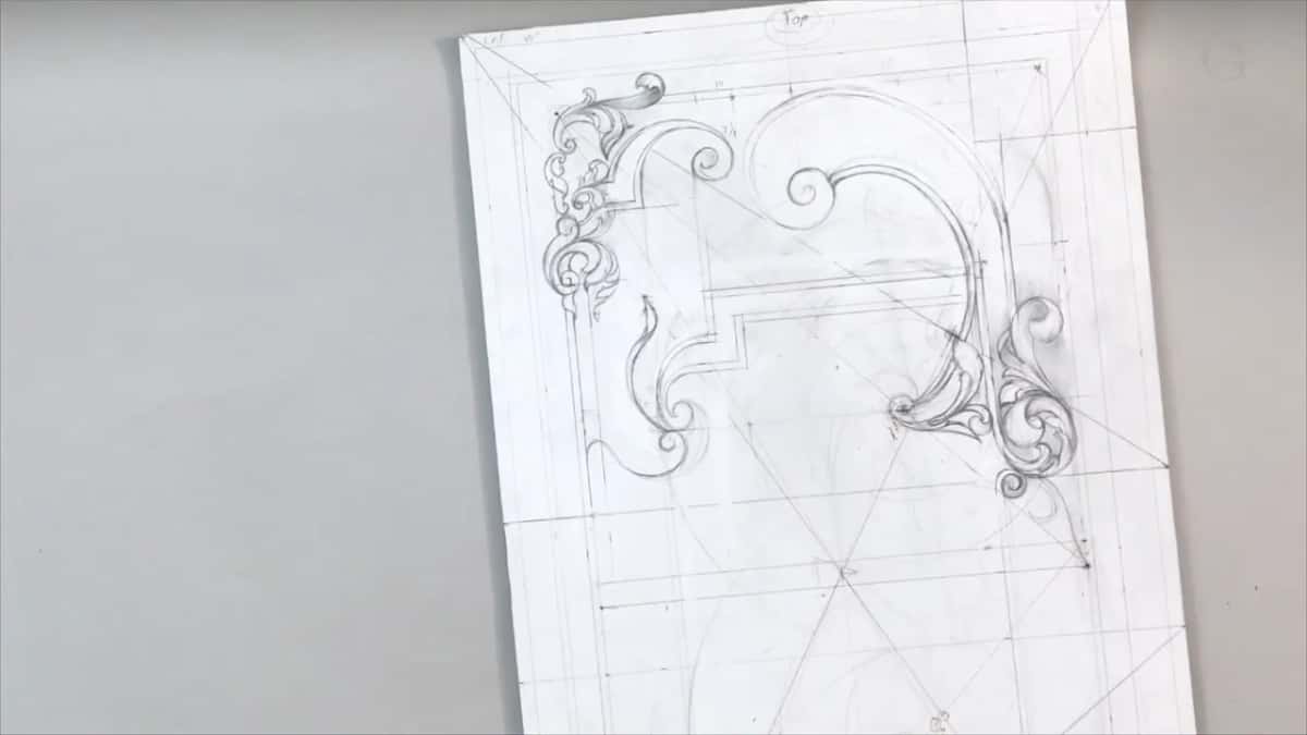 Upright drawing with no hands, both top corners full of scrolls