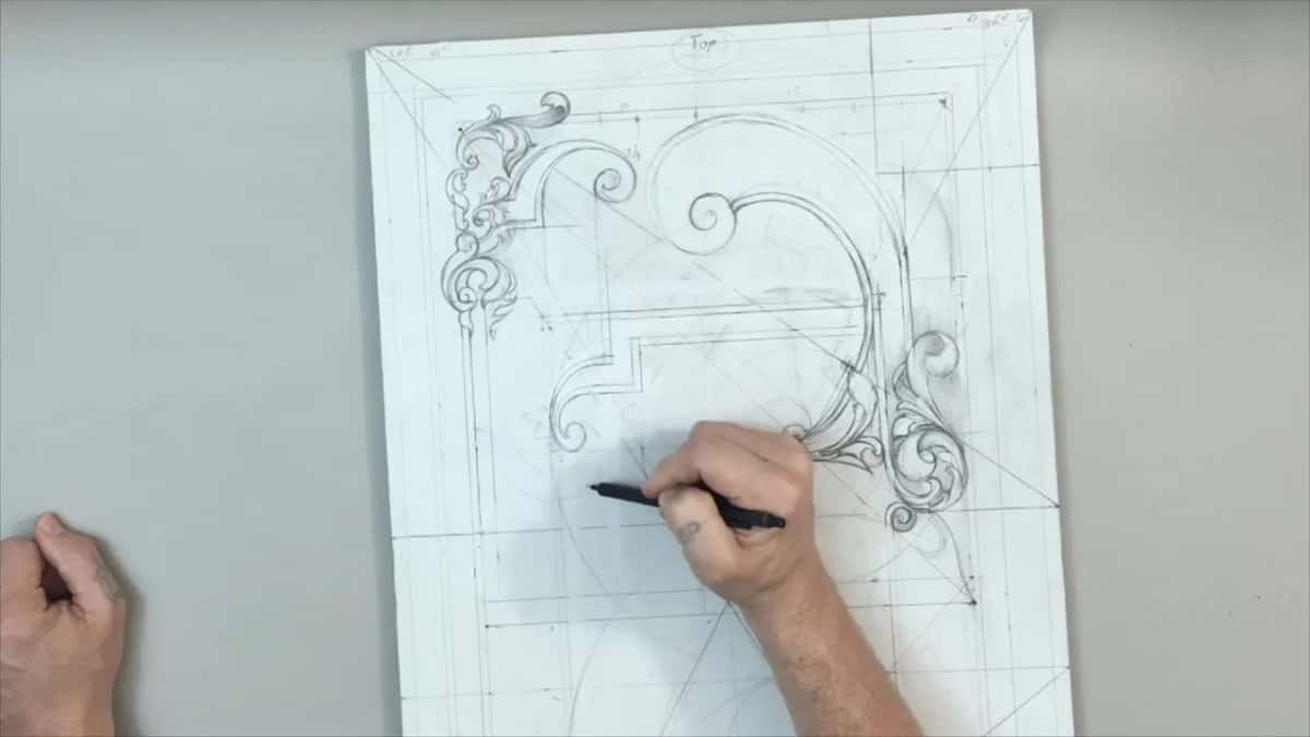 Black pencil at work beside the stepped line, mid sheet