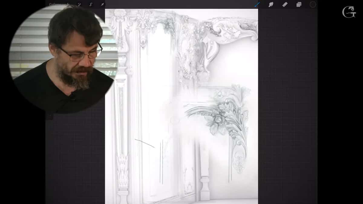 New flowers and leaves sketched into an empty corner of the render, a small round video of the carver in the top left