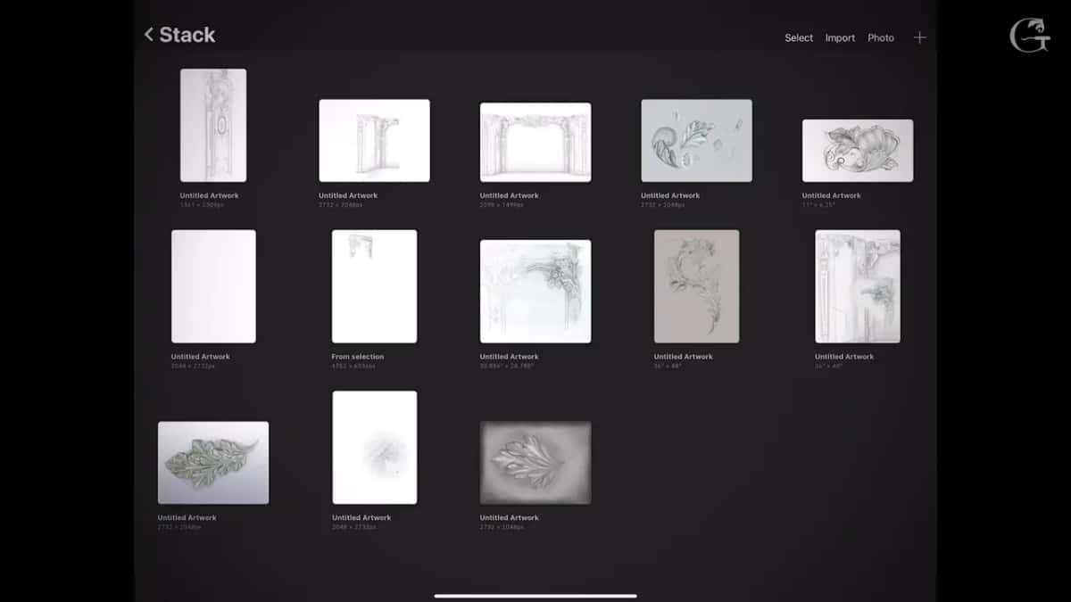 Procreate gallery full of panel and leaf drawings