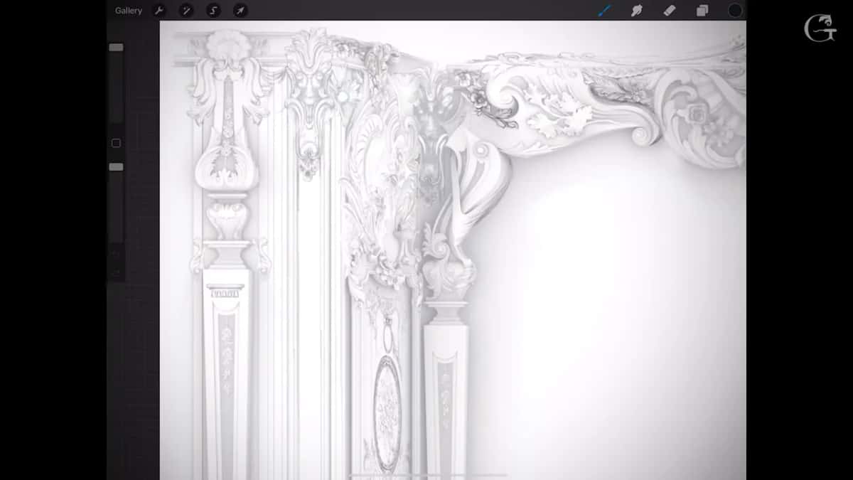 Corner of the room as the 3D model shows it, with carved pilasters rising up to a scrolled cornice
