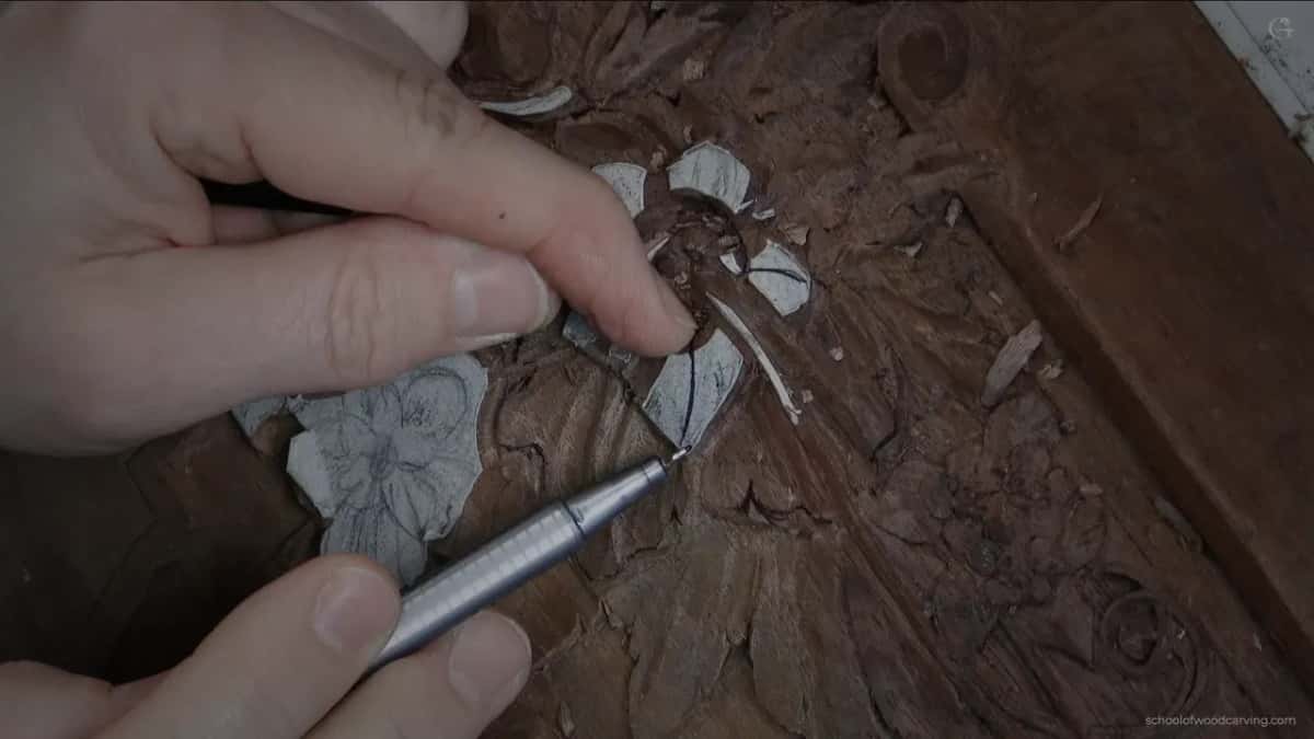 A silver handled tool at the flower, where two petals take most of the room and the rest divide what is left.
