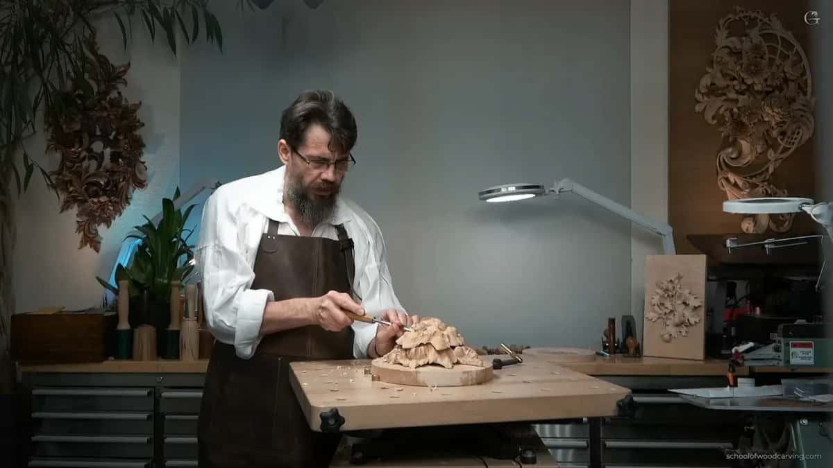 The studio, with the panel on the bench and the carving light over it