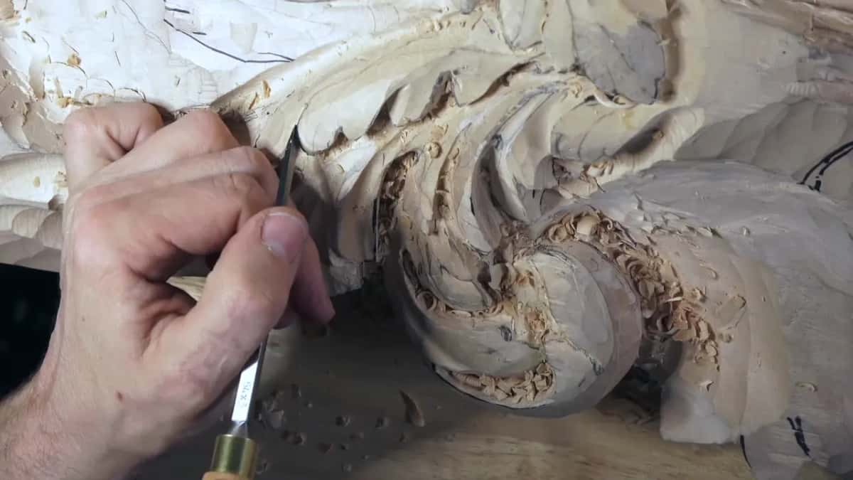 Straight down by the big curl goes a narrow gouge, into the dark hollow under a lobe.