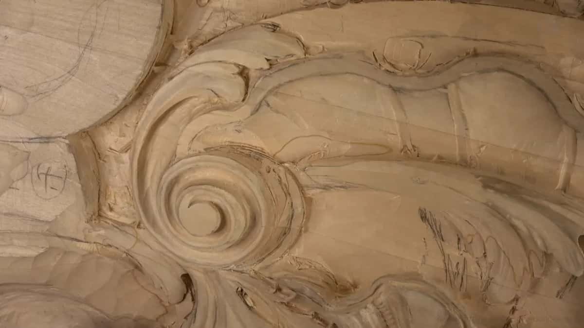 The volute spiral The spiral of a volute rolled in on itself with its centre barrel standing clear of the leaf running away behind