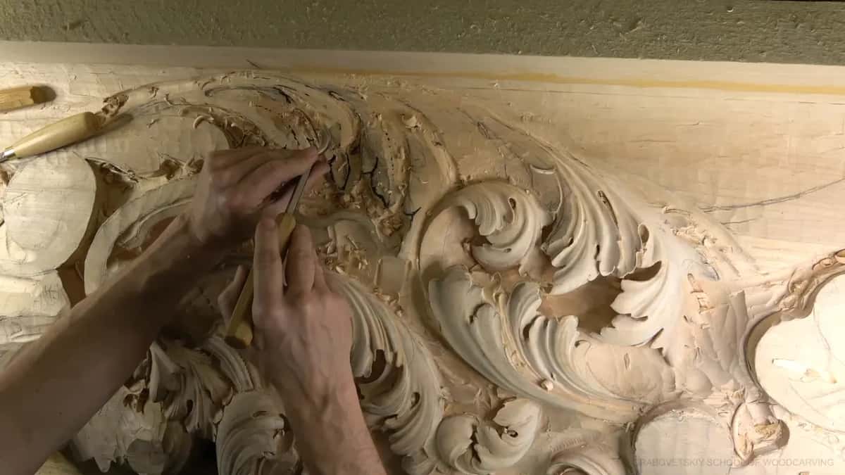 The rough beside the finished Rough leaf under the gouge, finished scroll right alongside