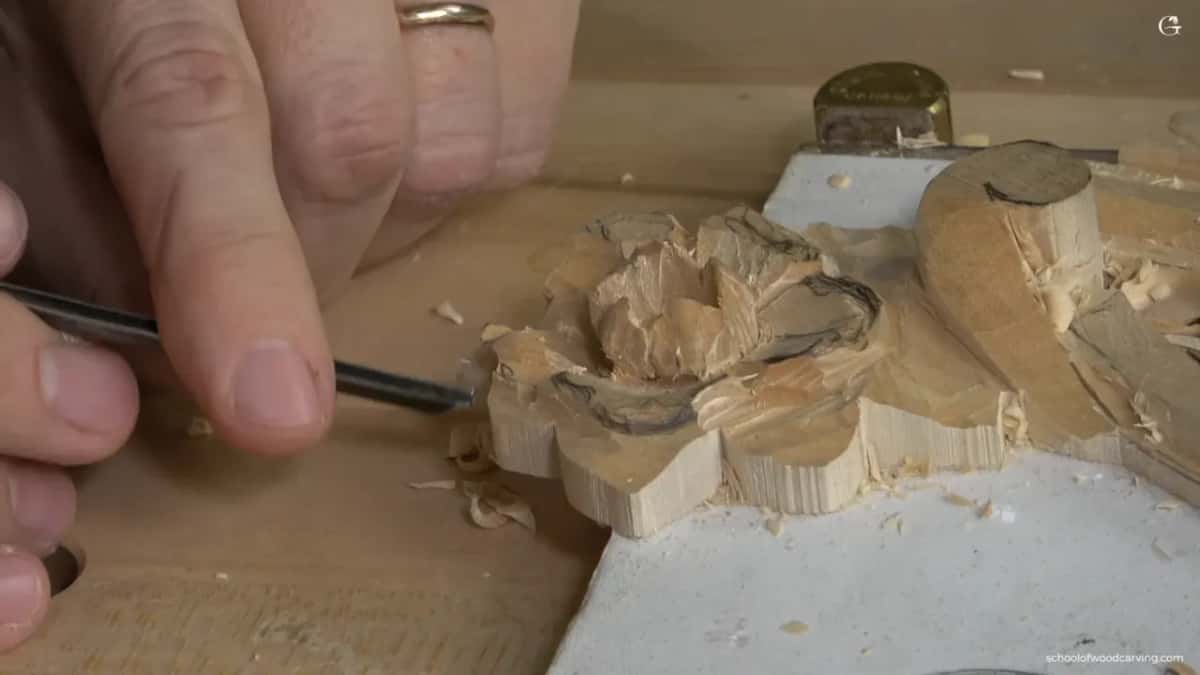 Working in below the petal edge, where leaves will eventually be carved out of what is left.