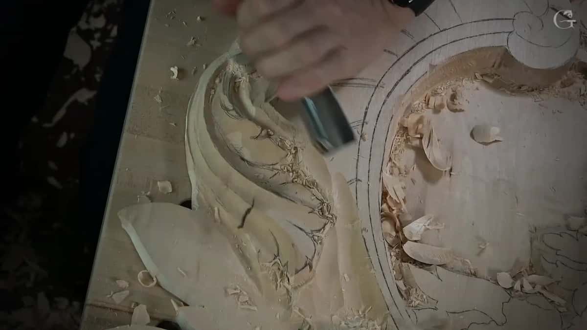 Top view later on, pencil divisions drawn across the carved shape now