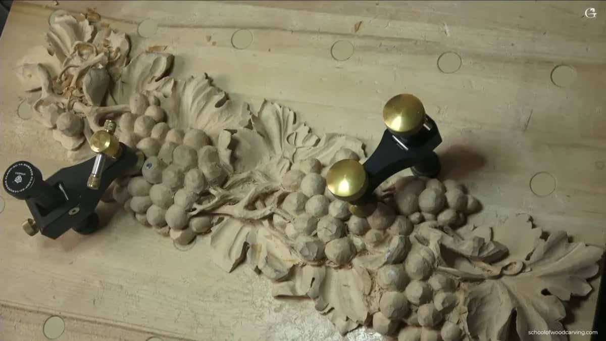 Panel seen end on, grapes and leaves standing clear of the ground