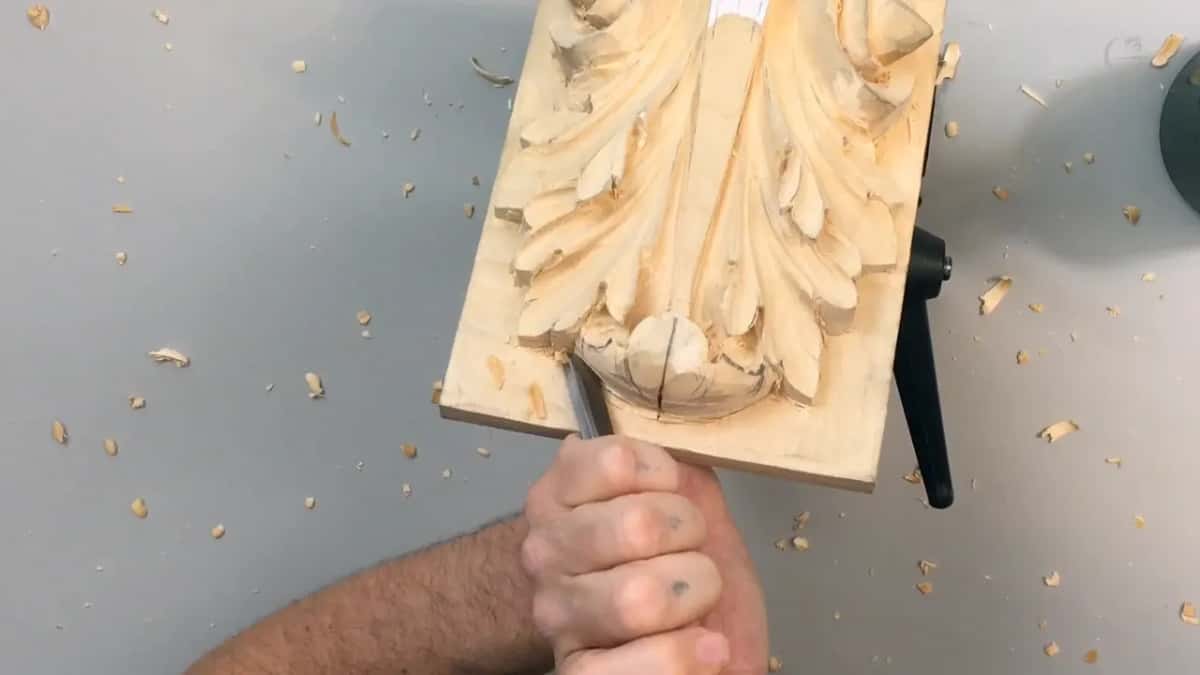 Dark handled V tool coming up from the bottom of frame toward the underside of the leaf edge