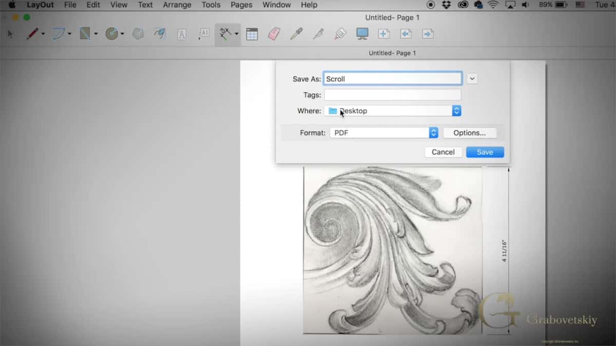 Save dialog naming the file Scroll, with PDF picked as the format