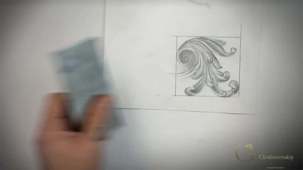 Scroll sketch now closed inside a pencil square