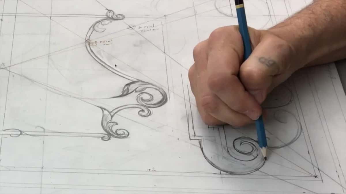 Tight volute drawn in blue inside a stepped corner