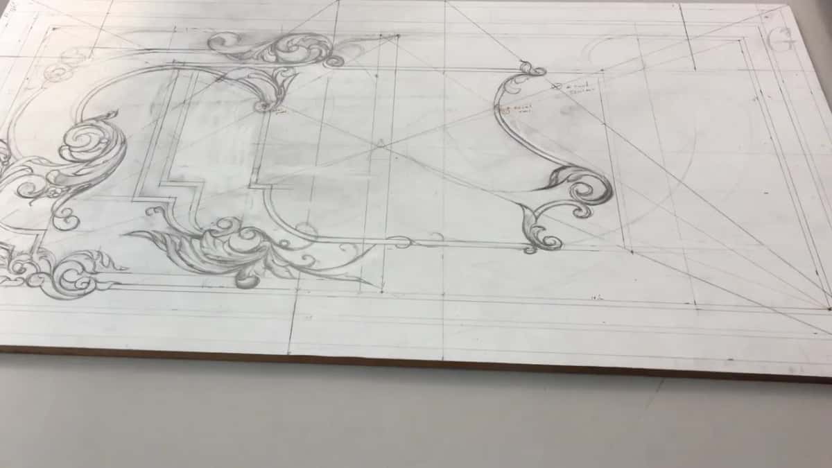 Whole board from the side with no hands, scrolls on the left and middle, light new curves on the right