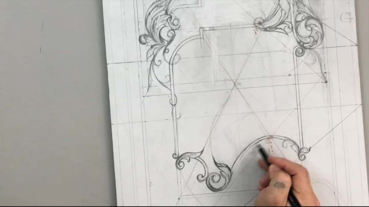 Black pencil on the right half of the scroll at the bottom of the upright sheet