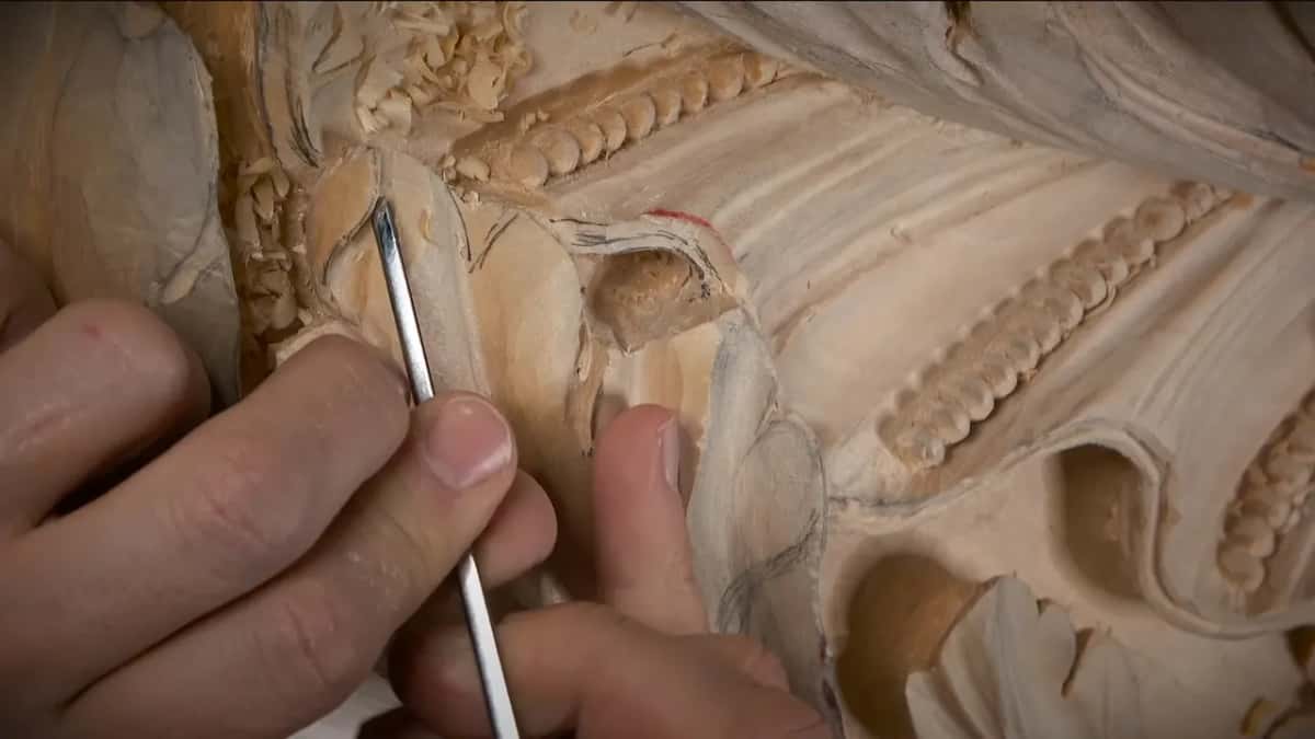 A slim veiner held between thumb and finger sits at the lobe edge, a hollow below it