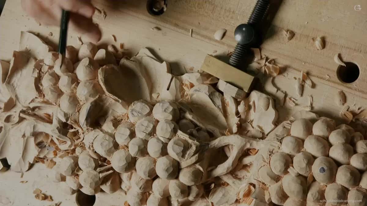 Tip of the veiner entering the wood to mark out the first of the three main lobes